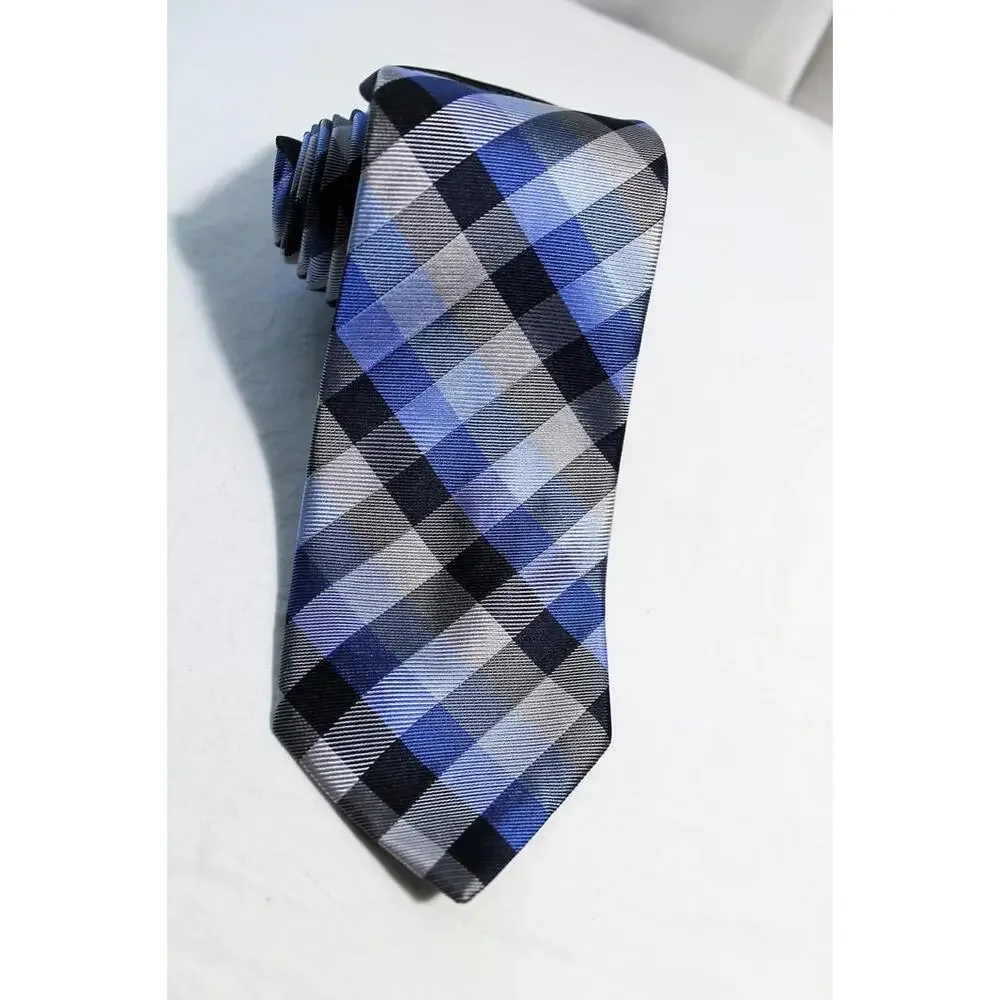 Vintage STAFFORD Blue & Gray Plaid Silk Necktie, 3.35 X 58 Inches, NOS With Tags